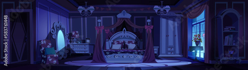 Pink princess bedroom interior at night background. Dark cartoon vintage room furniture in castle vector illustration. Cute girly medieval canopy above bed near mirror, window and chandelier.