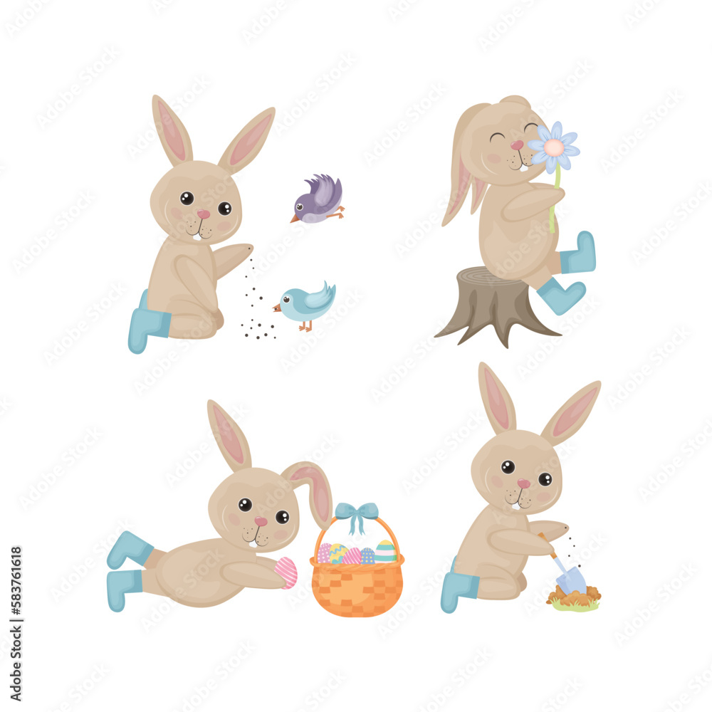 Rabbit set. Cute children s illustration depicting various actions of a rabbit. The hare feeds birds, smells a flower, plays with Easter eggs and plants a vegetable garden. Vector illustration Rabbit set. Cute children s illustration depicting various actions of a rabbit. The hare feeds birds, smells a flower, plays with Easter eggs and plants a vegetable garden. Vector illustration