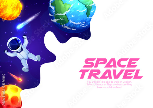 Astronaut in outer space, landing page with galaxy planets and stars, vector website template. Space adventure and spaceman travel to galactic and outer space, spaceflight landing page background
