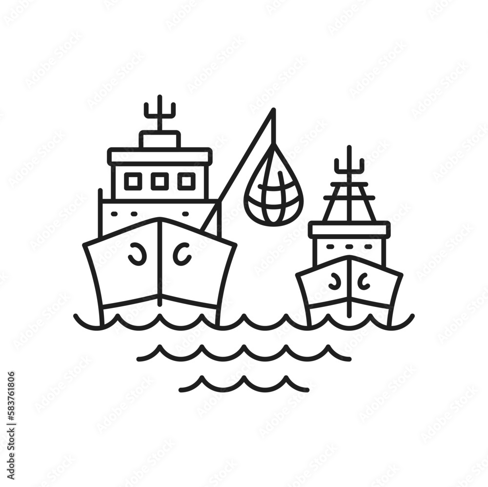 Shipping seafood industry boat isolated line icon. Vector fishing boat or vessel with fish in net. Sea fishing, ship marine industry