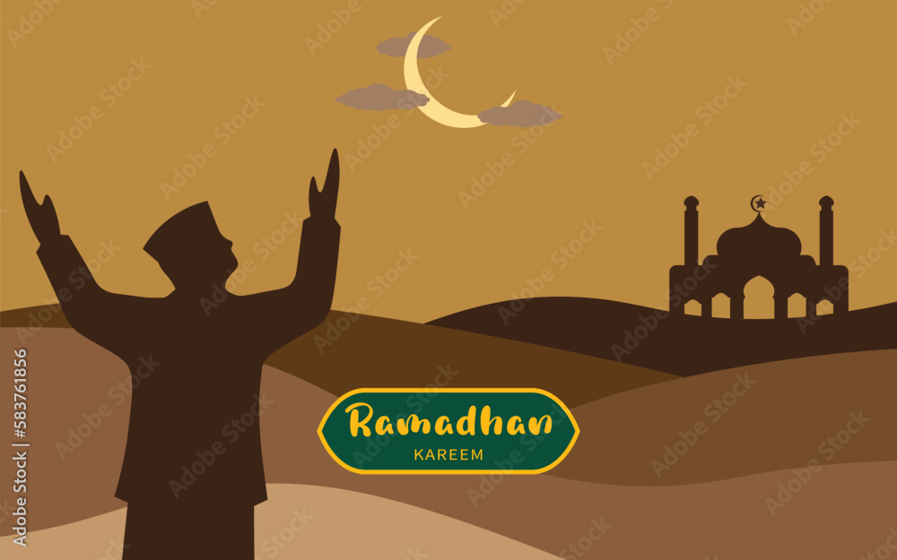 Ramadan greeting illustration. Men praying to welcome the holy month of Ramadan with desert, mosque, moon and clouds as background. Arabic decoration in Eastern style. Islamic Muslim background.