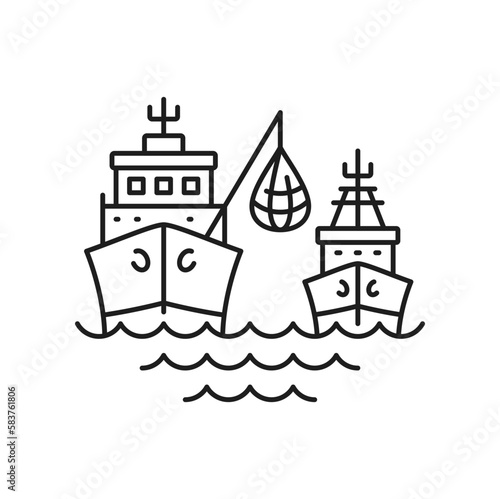 Shipping seafood industry boat isolated line icon. Vector fishing boat or vessel with fish in net. Sea fishing, ship marine industry