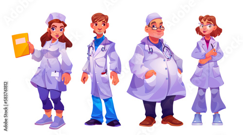 Hospital staff, doctors and nurses team. Medics characters, professional medical workers. Vector cartoon set of diverse people work in hospital or health clinic isolated on white background