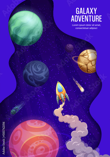 Space landing page, paper cut galaxy landscape and space rocket, vector website template. Galaxy adventure, spaceship shuttle in spaceflight to galactic stars and planets, landing page background