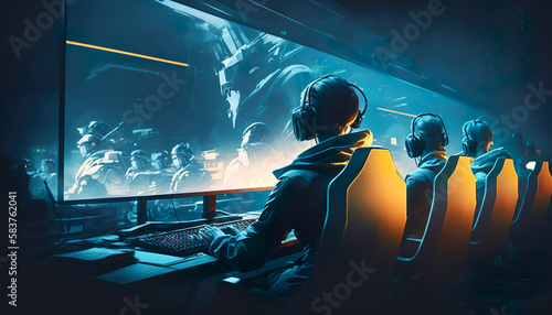 Photo E-sport gaming player teams with illustration art and speed light stlye