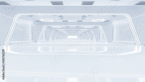 Scientific laboratory white room or Sci-Fi corridor white color. Science elements and Technology background. Can be used in education, science industry background. 3D Render.