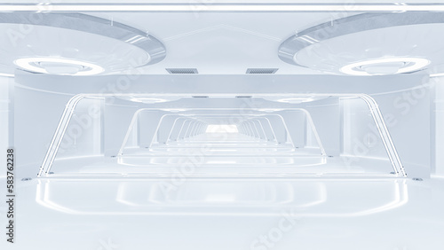 Fototapeta Naklejka Na Ścianę i Meble -  Scientific laboratory white room or Sci-Fi corridor white color. Science elements and Technology background. Can be used in education, science industry background. 3D Render.
