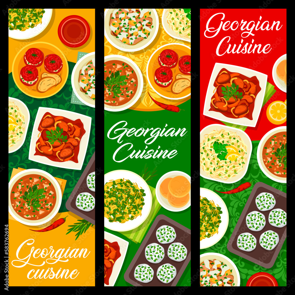 Georgian cuisine food banners. Vector baked green beans, flatbread and beef tongue salad, tomato sauce Satsebeli, stuffed tomatoes and cabbage salad, beef with Tkemali sauce, cheese mint balls Georgian cuisine food banners. Vector baked green beans, flatbread and beef tongue salad, tomato sauce Satsebeli, stuffed tomatoes and cabbage salad, beef with Tkemali sauce, cheese mint balls