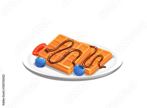 Cartoon belgian waffles. Isolated vector baked dessert with chocolate topping and fresh berries. Homemade pastry on plate with choco sauce, strawberry and blueberry. Delicious breakfast or cafe meal