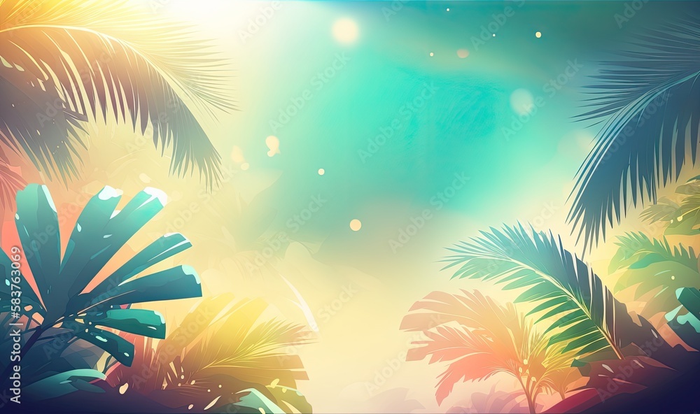 Airy summer background with tropical plant border, generative ai composite.