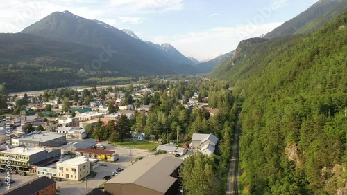 Aerial view of Downtown Skagway, Southeast Alaska. Popular town to visit, travel vacation destinations. Klondike Gold Rush National Historical Park from above photo