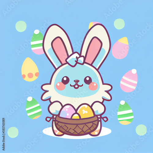 Cute kawaii cartoon Easter bunny with eggs character illustration