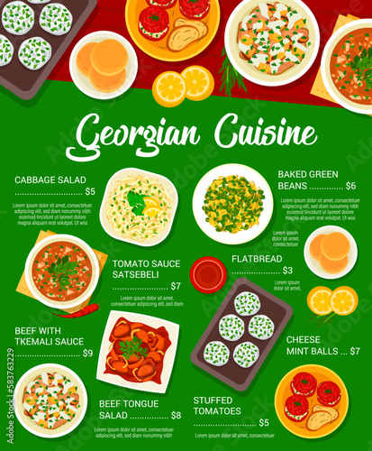 Georgian cuisine restaurant meals menu template. Flatbread, beef tongue salad and stuffed tomatoes, cabbage salad, beef with Tkemali sauce and cheese balls, tomato sauce Satsebeli, baked green beans