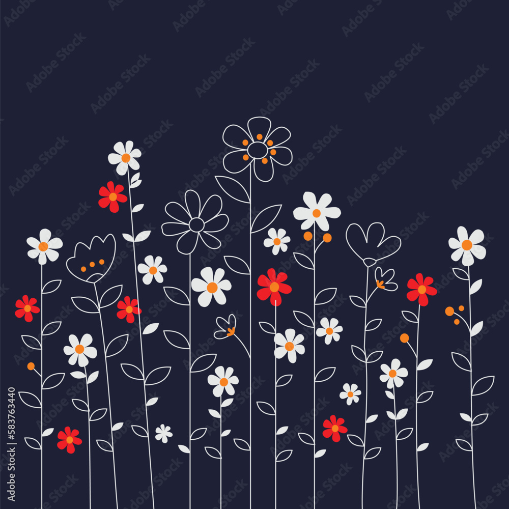 Horizontal botanical backdrop with border of delicate blooming yellow flowers. Floral flat vector illustration isolated on white background
