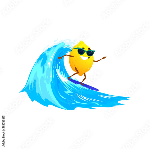 Cartoon surfer lemon character riding large wave. Vector yellow citrus on surfboard in sunglasses with happy smile get surfing thrill, adventure and summertime fun. Active adventurous beach lifestyle © Vector Tradition