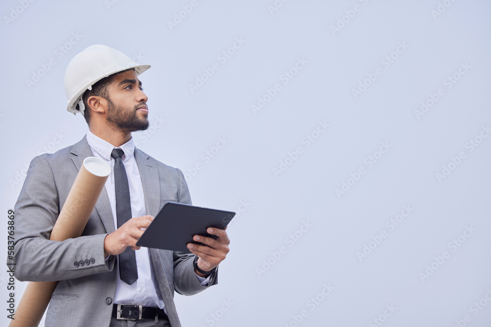 Engineer, tablet and man thinking at construction site for development with mockup background. Architecture idea, technology and architect with touchscreen for web, research or internet in studio Engineer, tablet and man thinking at construction site for development with mockup background. Architecture idea, technology and architect with touchscreen for web, research or internet in studio