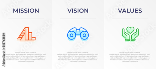 Mission, Vision and Values Infographic Vector template banner design. 3 steps infographic banner of company with Abstract icon and Modern flat design. Business vision presentation banner.