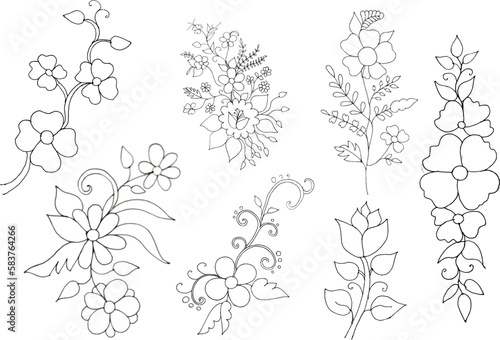  Beautiful Bundle rose with leaves design vector Collection illustration, black outline hand drawn art tree branch, colorful tree, bush, plant, tropical leaves side view isolated on white background 