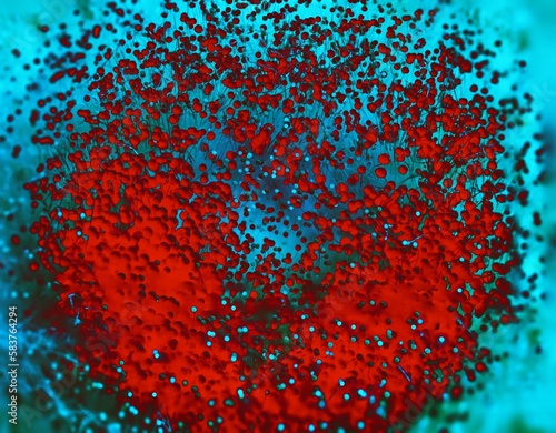 detailed macro photo of black mold, Aspergillus fumigatus fungus close-up, vivid acid blue red duotone colors photo