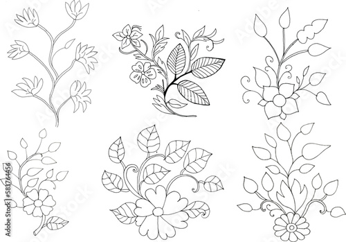 Beautiful Bundle rose with leaves design vector Collection illustration  black outline hand drawn art tree branch  colorful tree  bush  plant  tropical leaves side view isolated on white background 