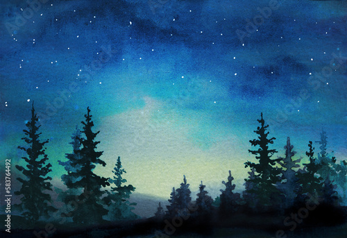 watercolor illustration spruce forest landscape with night stars sky with light in the morning