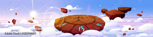 Game fighting arena background with stone circle platform floating in sky. Heaven landscape with battle podium with magic runes, clouds and sun, vector cartoon illustration