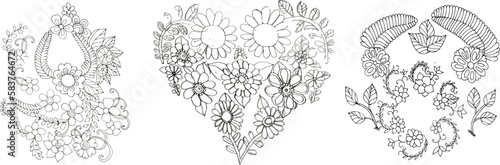  Beautiful Bundle love design Collection, Decorative Set of decorative rose with leaves made of blooming flowers with contour lines, black outline hand drawn element tree branch, bush, plant