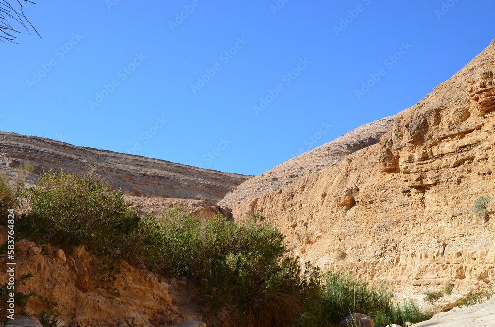 Panoramic view of the beautiful mountains, rocks and canyons of Wadi Ghweir in the Jordan desert