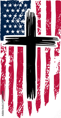 Christian cross on grunge american flag. Vector illustration