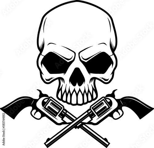 Illustration of the cowboy skull with crossed revolvers. Design element for logo, label, sign, emblem. Vector illustration