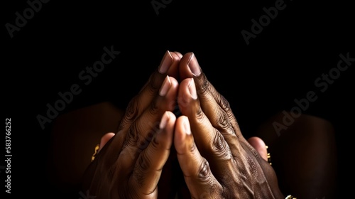 ?Hands in prayer pose, trusting religion & God on a shadowy backdrop. The power of faith, love, & hope - AI generation. Namaste or Namaskar. photo