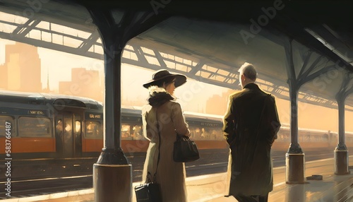 painting showing couple waiting a train on the station, Generative AI