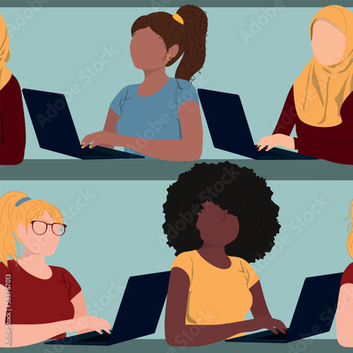 Seamless pattern with office women workers. People working on laptops. Vector illustration