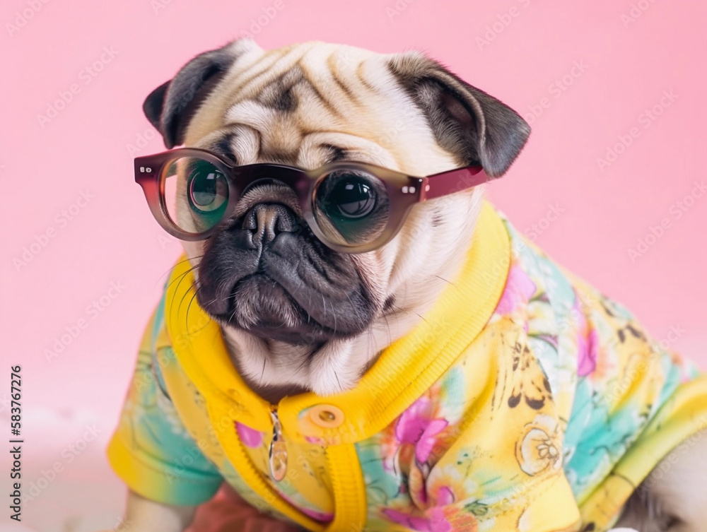 Pug dog with fashionable dressing, wearing sunglasses