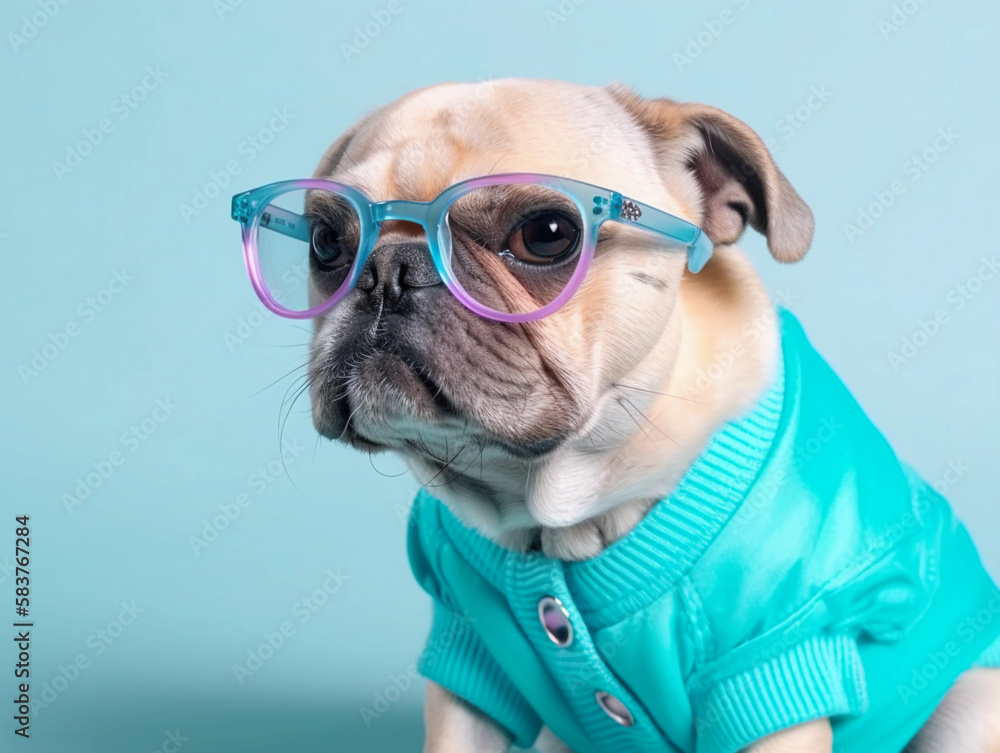 Pug dog with fashionable dressing, wearing sunglasses