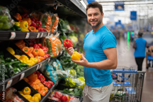 Store with people concept. Shopping at store, discount, sale concept. Man with shopping basket at store. Supermarket and grocery shop concept. Man customers buying products at store supermarket. © Volodymyr