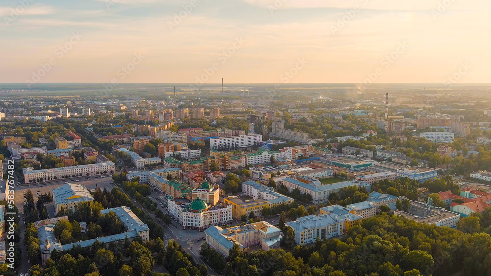 Yoshkar-Ola, Russia. Administration of the Head and Government of the Republic of Mari El. city center during sunset, Aerial View