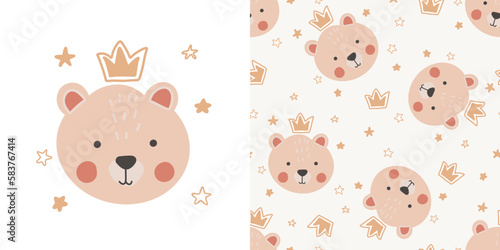 Set Little bear princess with crown seamless pattern. Cartoon. Funny baby print. Cute animal. Creative nursery wallpapers. Boho style.