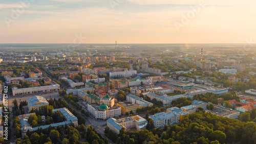 Yoshkar-Ola, Russia. Administration of the Head and Government of the Republic of Mari El. city center during sunset, Aerial View