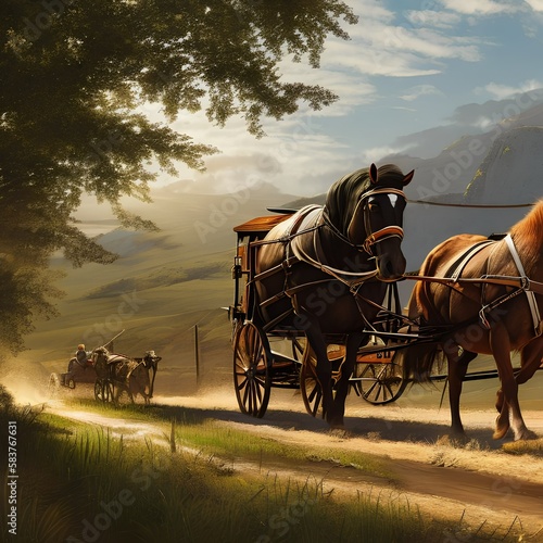 a farmer driving a horse-drawn cart down a dirt road3, Generative AI photo