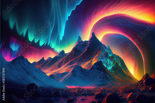 Abstract mountain landscape at night with northern lights aurora borealis made with generative AI