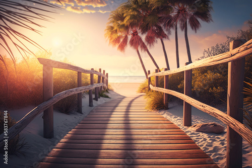 A wooden walkway leading to a beach with palm trees, Generative AI © Kafi