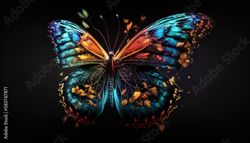 Colorfull butterfly on a flower on a black background .Generative AI.