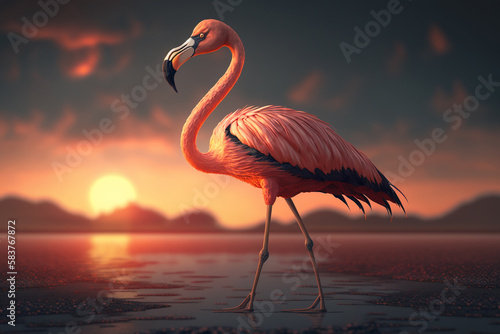 A flamingo standing in the water at sunset, Generative AI