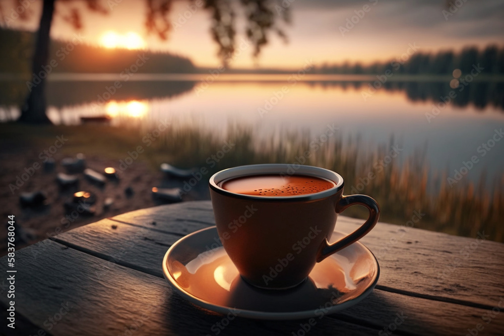 A cup of coffee sitting on top of a wooden table, Generative AI A cup of coffee sitting on top of a wooden table, Generative AI