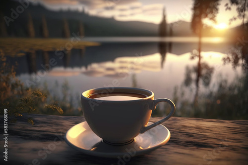A cup of coffee sitting on top of a wooden table, Generative AI