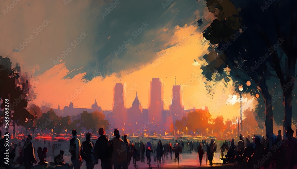 beautiful painting of people in a city park at sunset, Generative AI