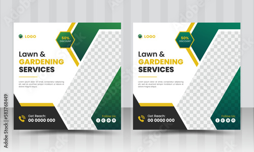 Lawn and garden service social media post and Square web banner template design