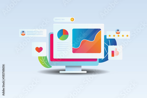 Social media analytics business performance report on social network user engagement sales marketing KPI insights information on dashboard screen, vector banner.