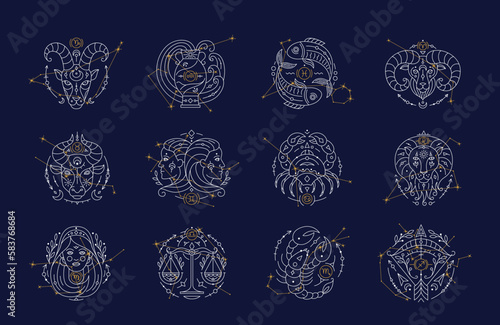 Set of twelve constellations with Zodiac symbols and constellations on blue background. Astrology horoscope signs and stars on dark blue sky thin line vector illustration photo